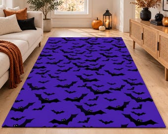 Purple Halloween Bat Rug, Black Bat Area Rug, Spooky Halloween Carpet, Gothic Purple Rug, Witchy Home Decor, Bat Pattern Rug