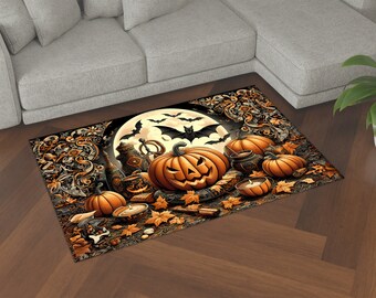 May include: A rectangular Halloween-themed rug featuring a full moon, bats, and carved pumpkins. The rug has a detailed design with autumn leaves, candles, and decorative elements in orange, black, and brown tones. It is placed on a wooden floor.
