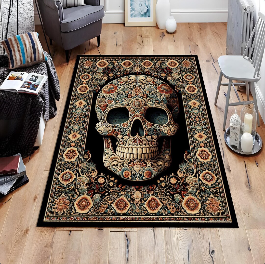 Skull Design Rug, Gothic Rug, Flower Rug, Unique Design, Contemporary ...