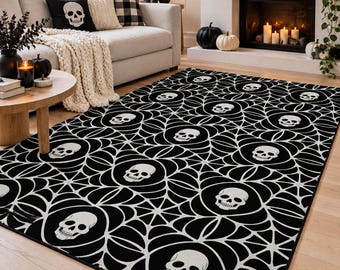 Halloween Skull Spider Web Rug, Black White Gothic Area Rug, Spooky Skeleton Carpet, Skull Rug, Halloween Home Decor