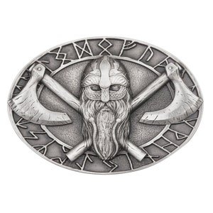 May include: Silver-toned belt buckle with a Viking warrior's face and crossed axes. The buckle is surrounded by a circle of runes.