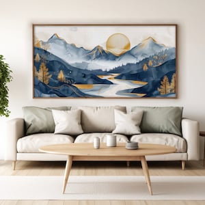 Abstract River Mountains Landscape Painting Blue Mountains Gold Large Wall Art Blue Gold Mountains River Art Gold Sunset Blue Mountains Art