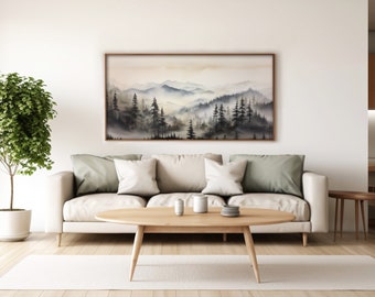 Misty Mountains Large Wall Artwork Forest Green Watercolor Landscape Painting Misty Forest Treen Nature Artwork Abstract Green Forest Art