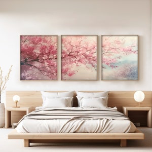 桜の木の巨大な壁アート 抽象的なピンクの花の水彩風景画 日本の桜の自然アートワーク 桜のアート