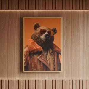 Impresión animal del oso pardo - Retrato del cartel retro premium vintage de los años 70, arte de la pared