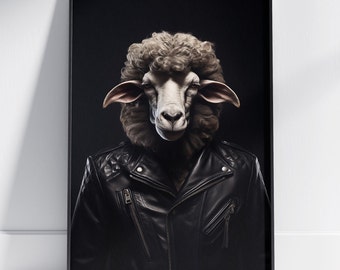 Sheep Animal Print - Punk, Rock, Leather Jacket Vintage Premium Retro Poster Portrait, Wall Art