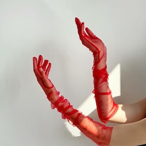 Lange Opernhandschuhe, Sexy Netzhandschuhe, Tüll-Netzhandschuhe, fingerlose Handschuhe, Sexy Accessoires für Party, lange Opernhandschuhe Rot