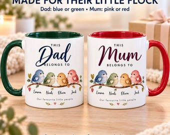 Personalised Mum Dad Mug, Custom Children Names Coffee Cup, Little Lovebirds Family Design, Mothers Day Fathers Day Birthday Christmas Gift