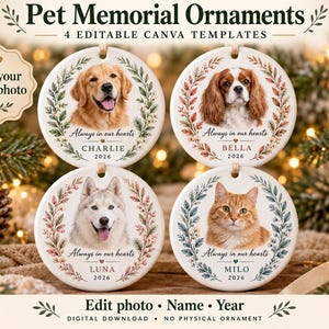May include: Four round white ceramic pet memorial ornaments featuring customisable pet photos, floral wreath borders, and the text Always in our hearts with placeholders for names and the year 2026. The top left includes a label Add your pet's photo.
