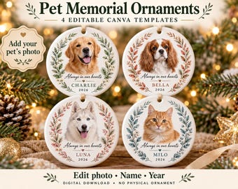 Pet Memorial Ornament Canva Template Bundle, 4 Editable Dog & Cat Photo Designs, Christmas Keepsake, Printable Digital Download