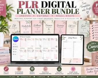 PLR Digital Planner Bundle, Undated Planner Canva Template, Commercial Use Planner, Resell Rights, Editable Digital Planner