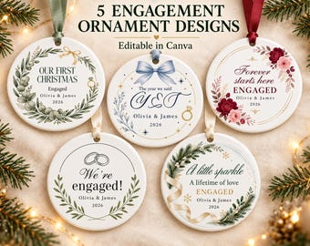 Editable Engagement Ornament Templates, 5 Canva Designs, First Christmas Engaged 2026, Custom Names & Year, PNG Download