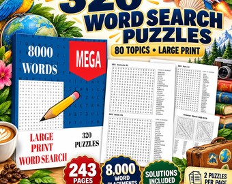 320 Large Print Word Search Puzzles for Adults & Seniors | 80 Topics, Printable PDF Book with Solutions, US Letter