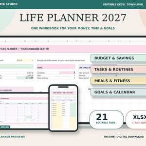 Pode incluir: Um planejador de vida digital 2027 em formato de planilha exibido em uma tela de computador e smartphone. A interface inclui seções para orçamento, poupança, tarefas, rotinas, refeições, fitness, metas e um calendário com 21 abas editáveis.