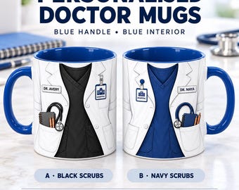 Personalised Doctor Mug, Custom Name White Coat Coffee Cup, Black or Navy Scrubs Design, Doctor Graduation Gift