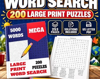200 Large Print Word Search Puzzles for Adults & Seniors | Printable PDF Puzzle Book with Solutions, US Letter