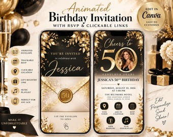 May include: Two smartphones display an animated birthday invitation template in black and gold. The screens feature text including "You're Invited," "Cheers to 50 Fabulous Years," "Jessica's 50th Birthday," and interactive icons for RSVP, calendar, and registry.