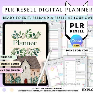 Pode incluir: Planeador digital com o texto "PLR RESELL DIGITAL PLANNER" e "Planner" na capa. Inclui "UNDATED VERSION", "FREEGIFT STICKER BOOK" e "FULLY HYPERLINKED". A imagem mostra um tablet, páginas de planeador e uma caneta.
