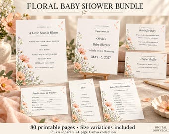 May include: A floral baby shower bundle featuring white stationery with pink and orange cosmos flower illustrations. Includes an invitation, welcome sign, books for baby card, diaper raffle card, predictions and wishes card, menu, and word scramble.