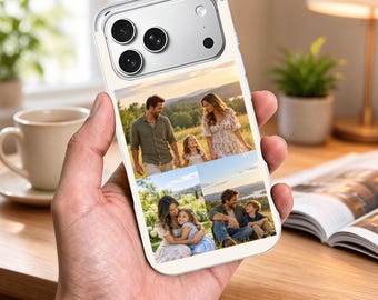 May include: A clear smartphone case featuring a custom photo collage print on the back. The collage displays three separate outdoor family portraits, including images of a man, woman, and child in a grassy field during sunset.