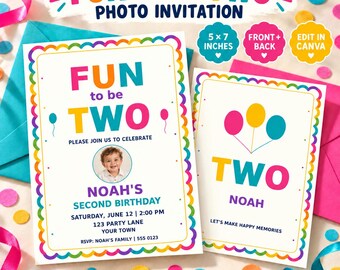 Fun To Be Two Birthday Invitation, Boy Second Birthday Photo Invite, Rainbow Border, Editable Canva Template, Front and Back