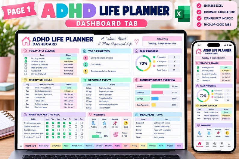 ADHD Life Planner Excel Spreadsheet | Executive Function Planner, Daily ...