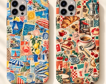 May include: Two smartphone cases featuring collage-style prints. The left case, labeled TYPE 2, displays Mediterranean coastal scenes, lemons, and sailboats. The right case, labeled TYPE 3, features coffee, pastries, and cafe imagery.