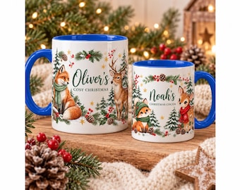 Personalised Woodland Christmas Mug, Fox and Deer Design, Custom Name Cocoa Cup, Matching Family Christmas Gift