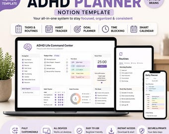 ADHD Planner Notion Template | Daily Task, Habit & Project Tracker | ADHD Productivity and Organization Planner
