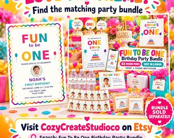 Fun To Be One Birthday Invitation, Boy First Birthday Photo Invite, Rainbow Border, Editable Canva Template, Front and Back