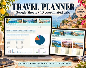 May include: A digital travel planner for Google Sheets featuring 10 coordinated tabs. The screen displays a travel overview with budget charts and a destination gallery. Text includes TRAVEL PLANNER, DIGITAL DOWNLOAD, and BUDGET, ITINERARY, PACKING, BOOKINGS.
