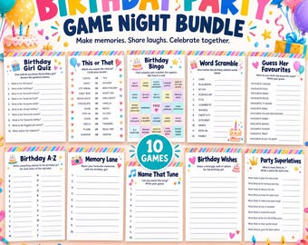 May include: A birthday party game night bundle featuring ten printable activity sheets including a quiz, bingo, word scramble, and party superlatives. The colorful design includes balloons, confetti, and cake illustrations with text.