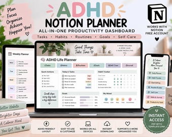 May include: An ADHD Notion planner dashboard displayed on a laptop, tablet, and smartphone. The interface features sections for tasks, habits, routines, goals, and self-care with a soft pastel colour palette. Text includes ADHD Notion Planner, All-in-One Productivity Dashboard, and various organisational labels.