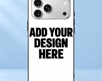 May include: A white smartphone case featuring a black camera module with three lenses and a flash. The center of the case displays the bold black text ADD YOUR DESIGN HERE in a sans-serif font, set against a clean, solid white background.