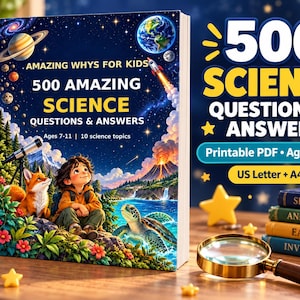 Może przedstawiać: Książka zatytułowana 500 Amazing Science Questions & Answers z ciemnoniebieską okładką przedstawiającą dziecko, lisa, żółwia morskiego, wulkan i elementy kosmosu. Tekst zawiera Amazing Whys for Kids, Ages 7-11 oraz 10 science topics.