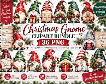 May include: A digital collection of 36 Christmas gnome illustrations featuring various gnomes in red, green, and plaid hats holding items like lanterns, gifts, candy canes, and signs with text including Merry Christmas, Let it Snow, and Ho Ho Ho.