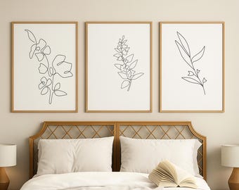 Beige Botanical Line Art Prints –minimalist Floral Wall Art Set of 3 ...