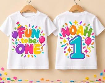 „Ein Jahr alt werden“-Geburtstagsshirt, personalisiertes T-Shirt zum ersten Geburtstag, Regenbogenname und Zahl 1, Vorder- und Rückseite Baby-T-Shirt
