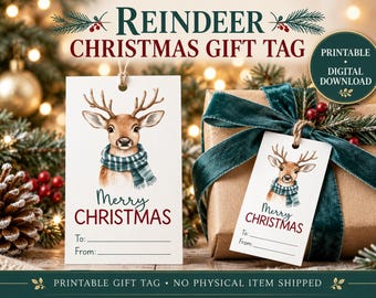May include: Two white rectangular gift tags featuring a watercolor illustration of a reindeer wearing a teal plaid scarf. The text reads Merry Christmas with lines for To and From. One tag is standing upright and the other is tied to a brown gift.