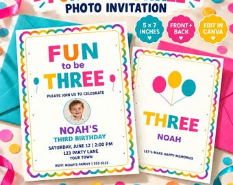 Einladung zum 3. Geburtstag für Jungen mit Foto, Regenbogenrand, bearbeitbare Canva-Vorlage, Vorder- und Rückseite