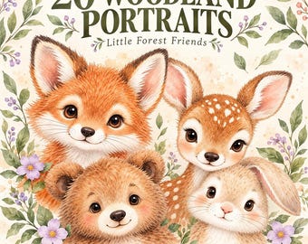 May include: A digital illustration featuring a fox, a deer, a bear cub, and a rabbit surrounded by green leaves and purple flowers. The text reads 20 WOODLAND PORTRAITS Little Forest Friends and Transparent PNG Collection.