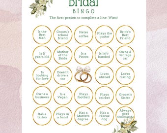 May include: Bridal Bingo game card with a pink and white floral design. The card features a grid of phrases like "Is the Best Man" and "Plays the guitar". The text "Bridal Bingo" is at the top.