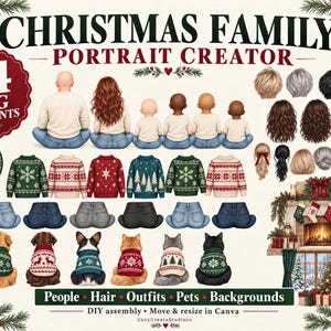 May include: A digital Christmas family portrait creator kit featuring 74 PNG elements including illustrated people, various hairstyles, holiday sweaters, jeans, pets, and a fireplace background. Text includes CHRISTMAS FAMILY PORTRAIT CREATOR.