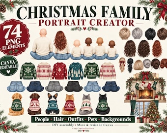 Christmas Family Portrait Creator, 74 PNG Clipart Elements, Editable Canva Design, Watercolor People, Pets & Holiday Backgrounds