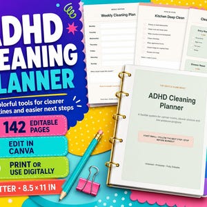 May include: A digital ADHD cleaning planner with 142 editable pages, featuring a ring-bound cover, a teal pencil, a pink binder clip, and a yellow paper clip. The planner includes printable sheets for weekly routines and cleaning tasks in US letter size.