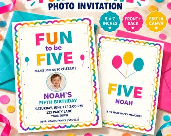 Einladung zum 5. Geburtstag für Jungen mit Foto, Regenbogenrand, bearbeitbare Canva-Vorlage, Vorder- und Rückseite