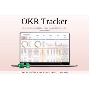 May include: A laptop displaying an OKR (Objectives and Key Results) dashboard template. The screen shows charts and data tables with the text "OKR Tracker" at the top. The text "FROM PLANNING TO PROGRESS | KEEP PRIORITIES VISIBLE | HIT EVERY DEADLINE" is also visible.