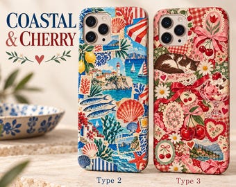 May include: Two smartphone cases labeled Type 2 and Type 3. Type 2 features a coastal collage with a lighthouse, sailboats, lemons, fish, and seashells. Type 3 displays a cherry and cat pattern with ribbons, flowers, and hearts. Text reads COASTAL & CHERRY.