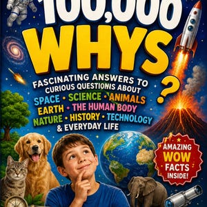 May include: A book cover titled 100,000 WHYS featuring a child, an astronaut, a rocket, a planet, a volcano, a dog, a cat, an elephant, and a telescope. The text includes Fascinating Answers to Curious Questions about Space, Science, Animals, Earth, The Human Body, Nature, History, Technology & Everyday Life, and Amazing Wow Facts Inside.