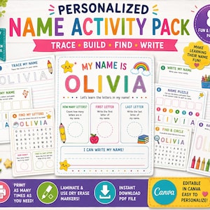 May include: A personalized name activity pack for children featuring eight pages with colorful graphics, including tracing, building, finding, and writing exercises. The pages display the name Olivia with rainbow, star, and school supply illustrations.